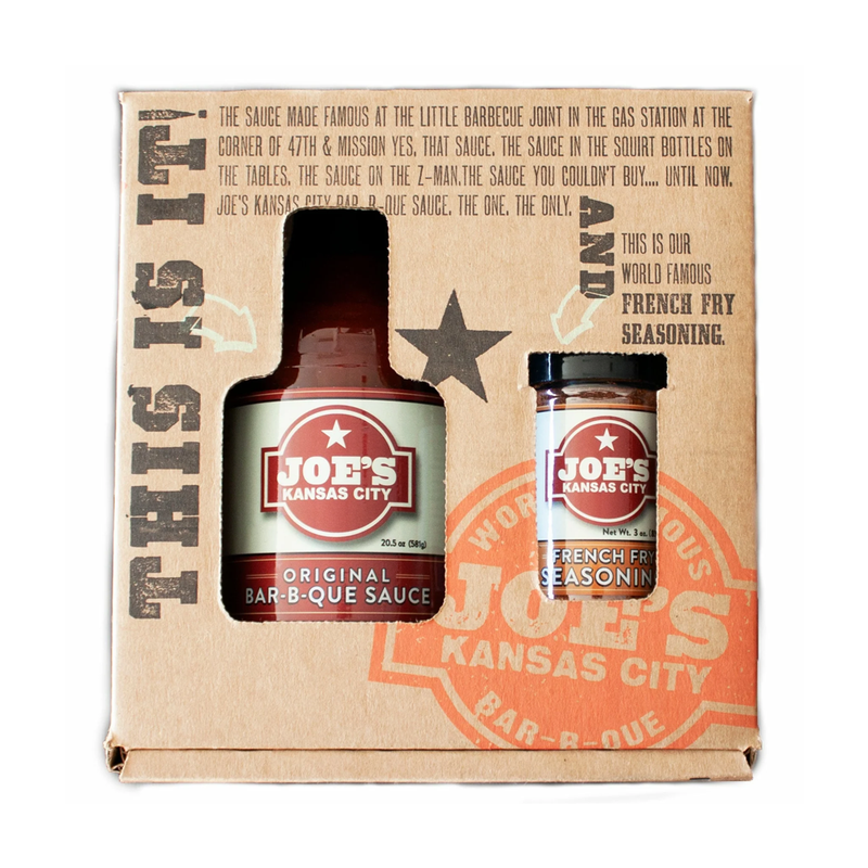 A gift box labeled Joe's Kansas City Bar-B-Que with a bottle of BBQ sauce, and a container of fry seasoning.