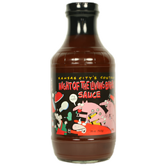 A bottle of Cowtown Night of the Living Bar-B-Q Sauce