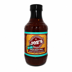 Bottle of Joe's Kansas City Rocket Pig Sweet Hot BBQ Sauce and glaze